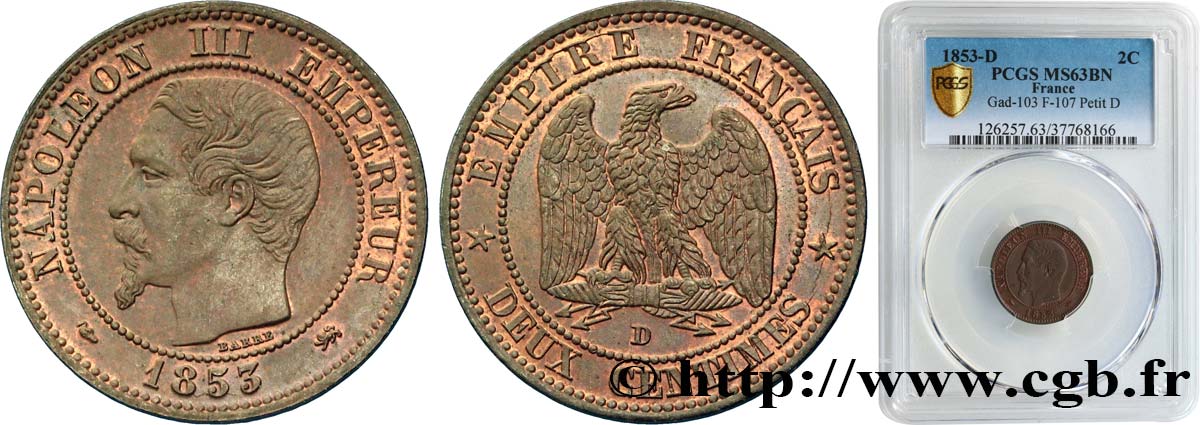 Deux centimes Napoléon III, tête nue 1853 Lyon F.107/5 MS63 PCGS