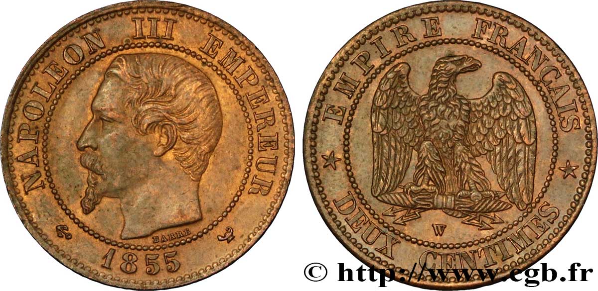 Deux centimes Napoléon III, tête nue 1855 Lille F.107/37 TTB52 