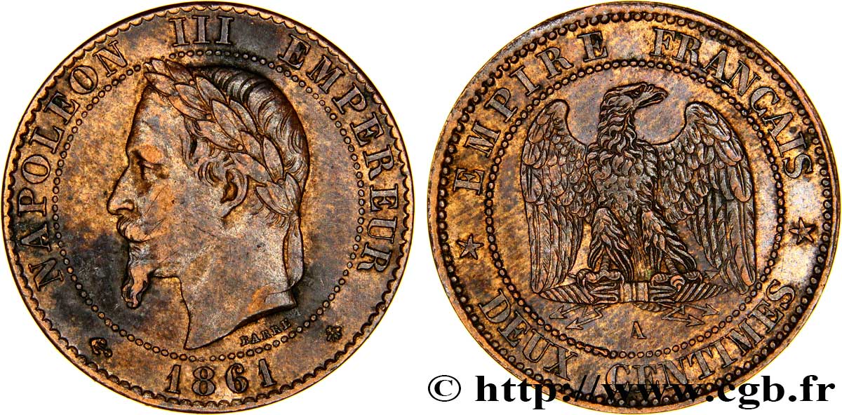 Deux centimes Napoléon III, tête laurée 1861 Paris F.108/1 MBC52 