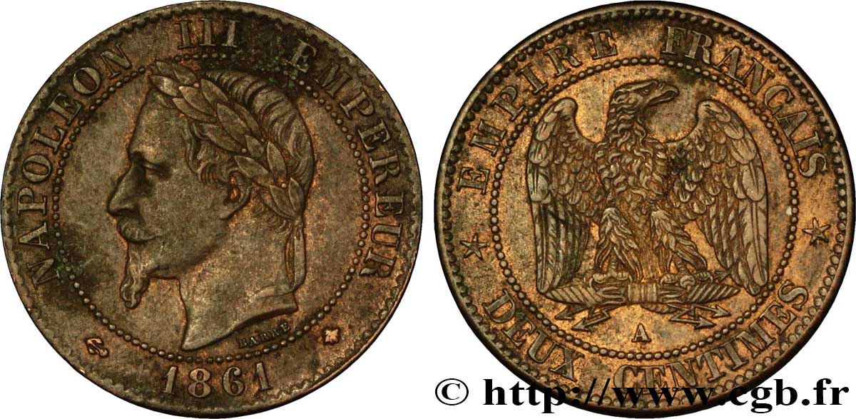 Deux centimes Napoléon III, tête laurée 1861 Paris F.108/1 TTB48 