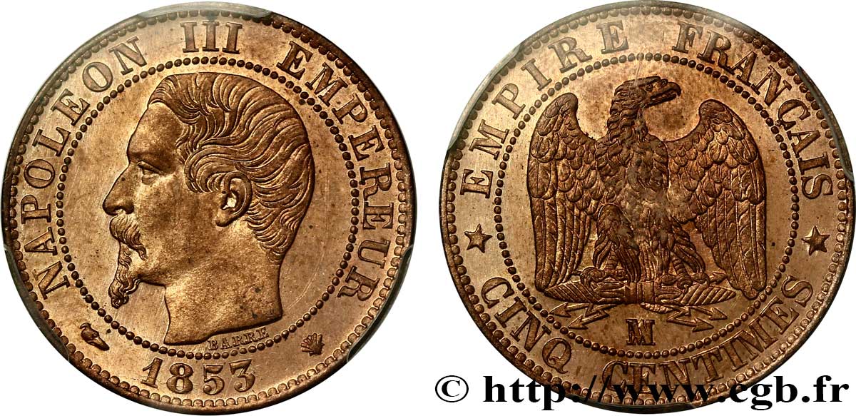 Cinq centimes Napoléon III, tête nue 1853 Marseille F.116/6 SPL64 PCGS