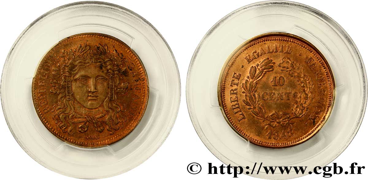 Concours de 10 centimes, essai en bronze de Moullé 1848 Paris VG.3148  MS63 