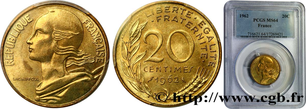 20 centimes Marianne 1962 Paris F.156/2 SPL64 PCGS