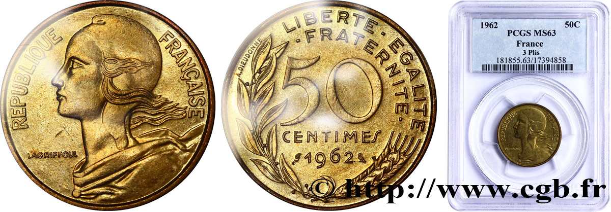 50 centimes Marianne, col à trois plis 1962 Paris F.197/2 MS63 