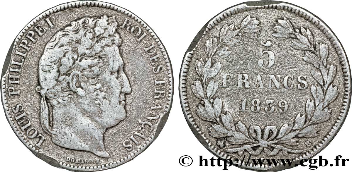 Faux de 5 francs IIe type Domard 1839 Rouen F.324/76 var. VF20 