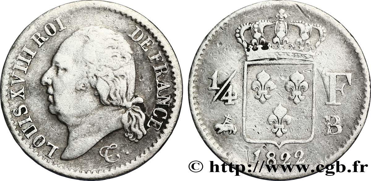 1/4 franc Louis XVIII 1822 Rouen F.163/22 TB25 