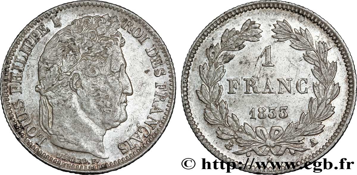 1 franc Louis-Philippe, couronne de chêne 1833 Paris F.210/14 SS52 