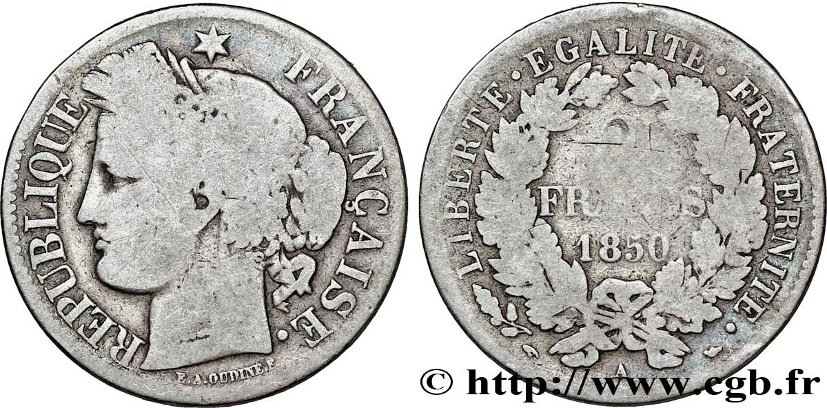 2 francs Cérès, IIe République 1850 Paris F.261/4 B10 