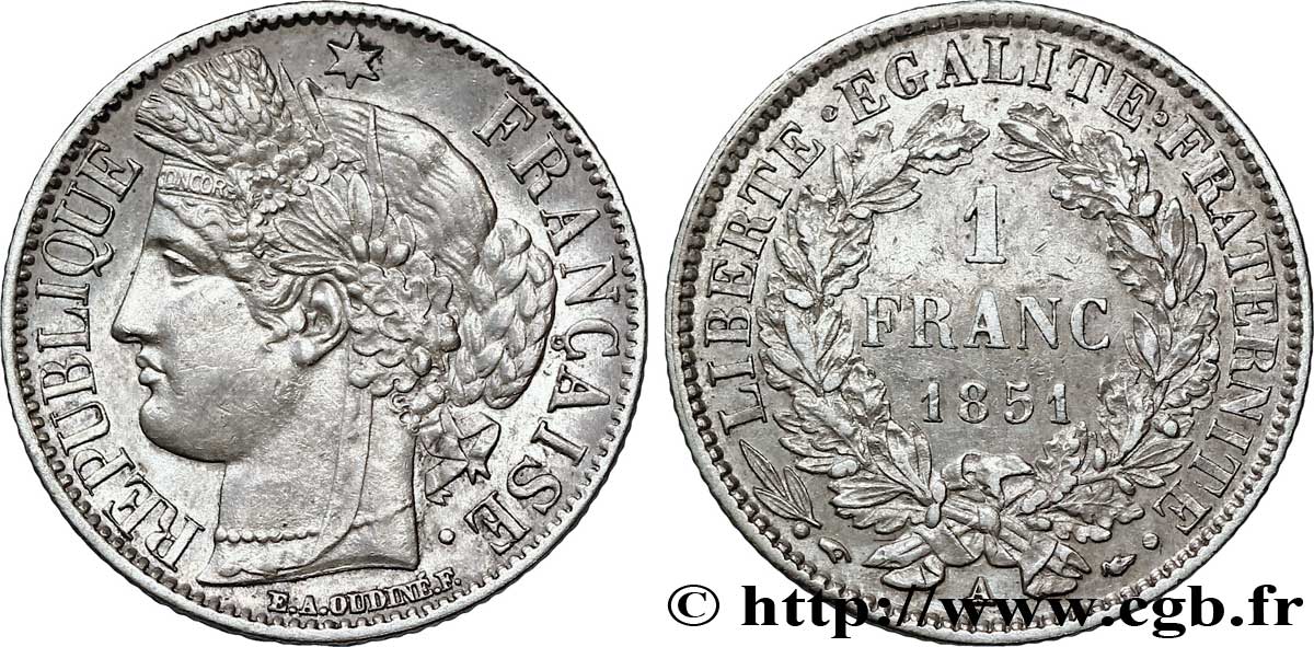 1 franc Cérès, IIe République 1851 Paris F.211/9 SUP55 