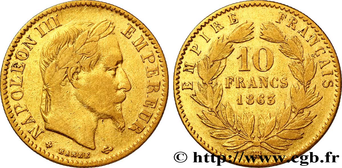 10 francs or Napoléon III, tête laurée 1863 Strasbourg F.507A/4 XF42 