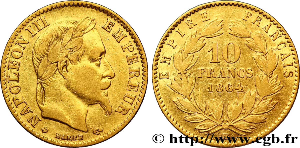 10 francs or Napoléon III, tête laurée 1864 Strasbourg F.507A/7 TTB45 