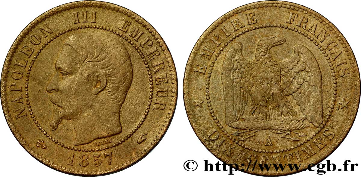 Dix centimes Napoléon III, tête nue 1857 Paris F.133/41 XF40 