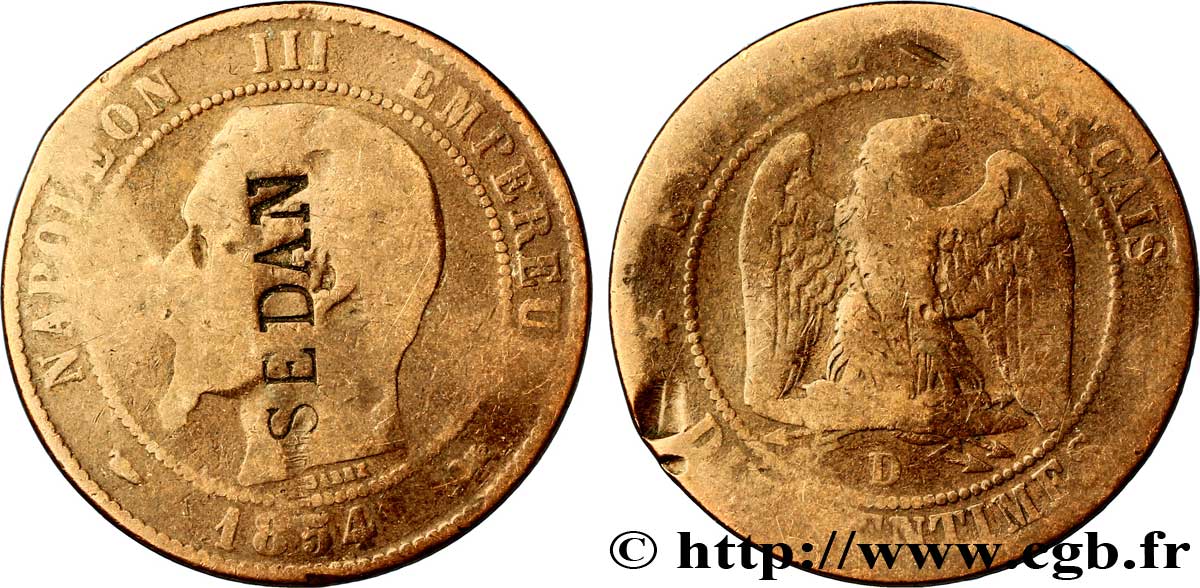 Dix centimes Napoléon III, tête nue, contremarqué SEDAN 1854 Lyon F.133/15 var. B8 