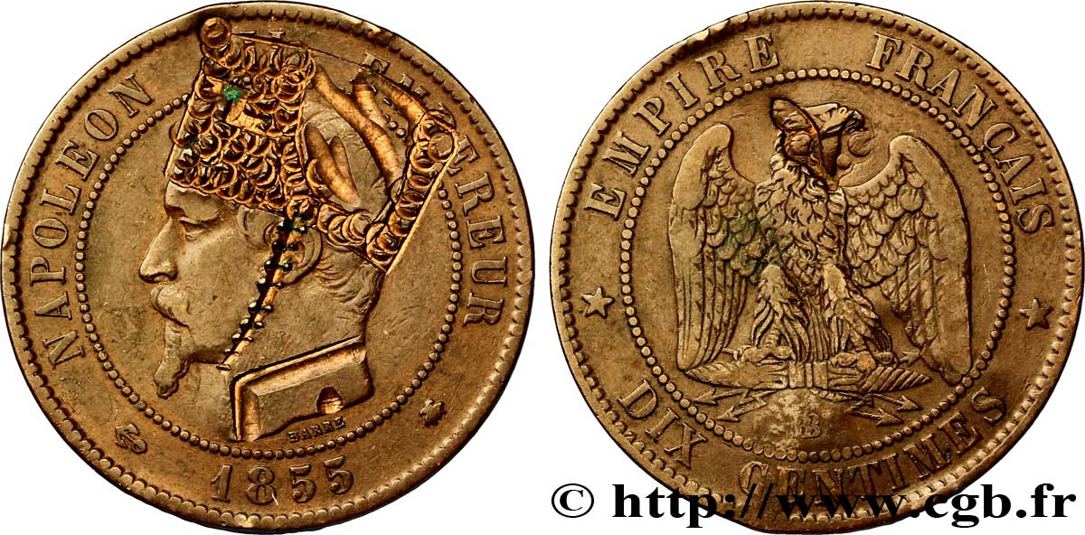 Dix centimes Napoléon III, tête nue, satirique 1855 Strasbourg F.133/24 var. TTB45 
