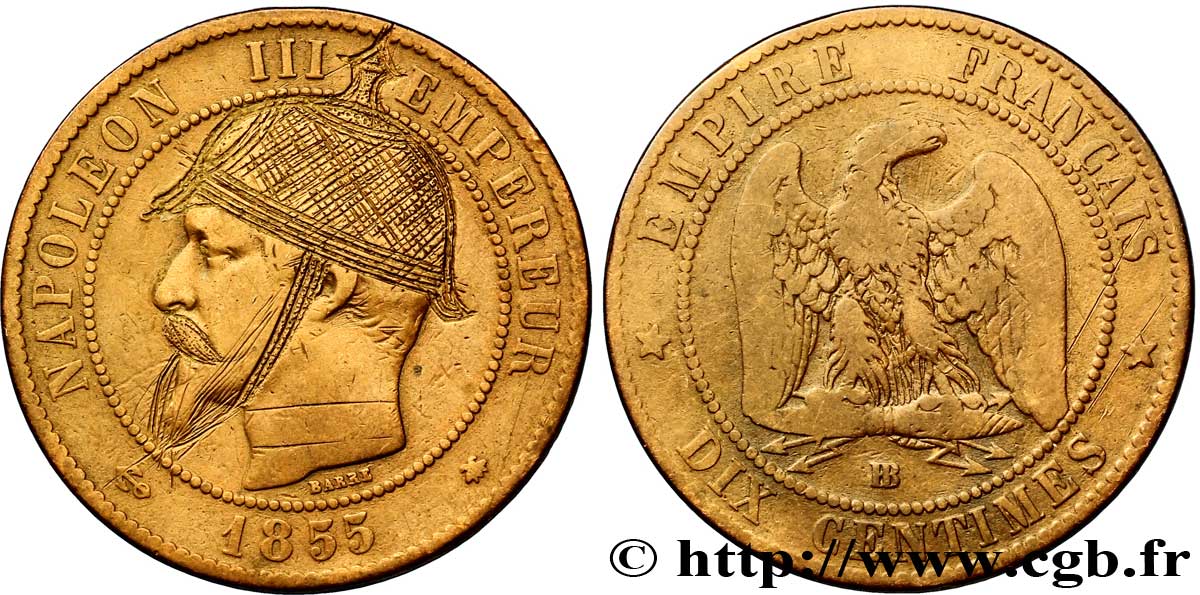 Dix centimes Napoléon III, tête nue, satirique 1855 Strasbourg F.133/24 var. TB20 