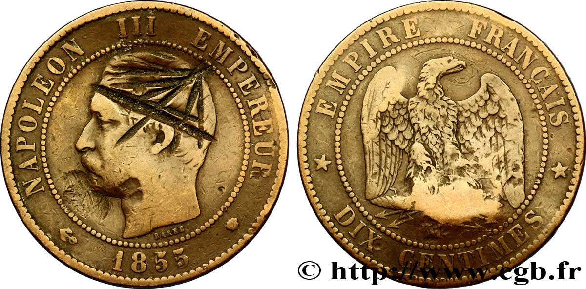 Dix centimes Napoléon III, tête nue, satirique 1855 Marseille F.133/31 var. VF25 