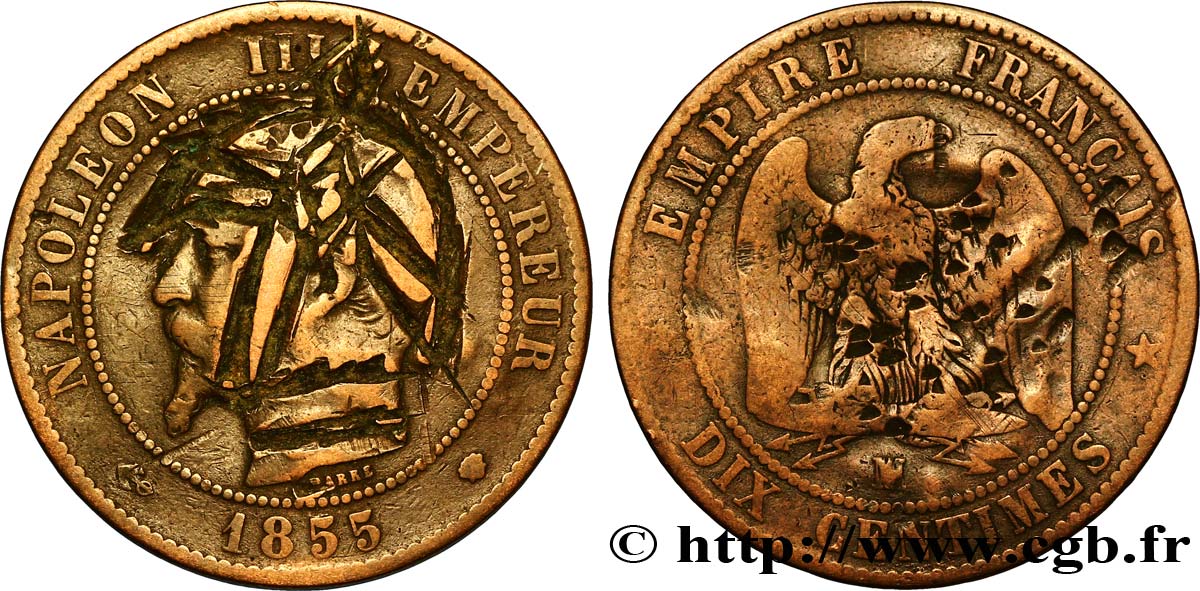 Dix centimes Napoléon III, tête nue, satirique 1855 Marseille F.133/31 var. TB15 