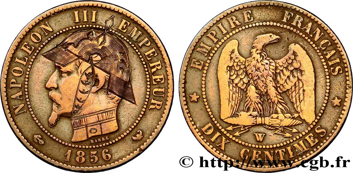 Dix centimes Napoléon III, tête nue, satirique 1856 Lille F.133/40 var. TB30 