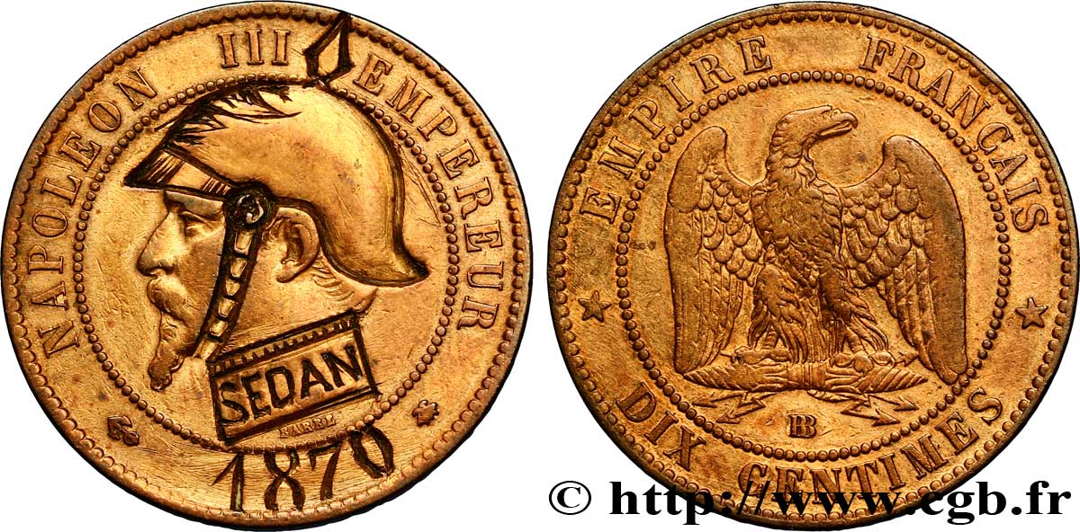Dix centimes Napoléon III, tête nue, satirique 1870 Strasbourg F.133/- var. TTB45 