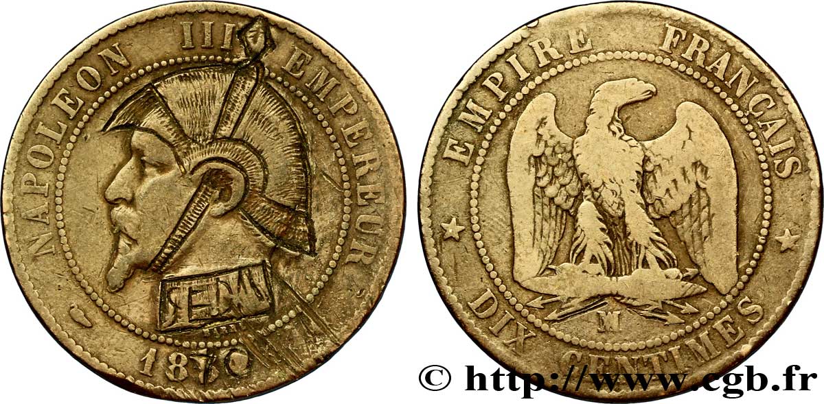 Dix centimes Napoléon III, tête nue, satirique 1870 Marseille F.133/- var. TB20 