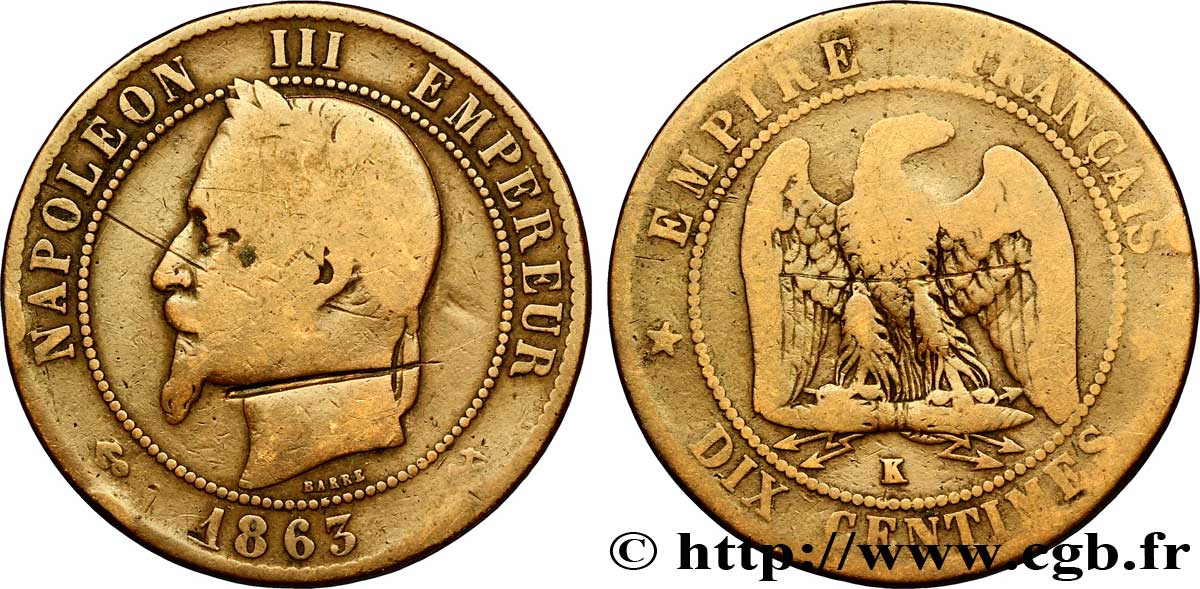 Dix centimes Napoléon III, tête laurée, satirique 1863 Bordeaux F.134/12 var. B12 