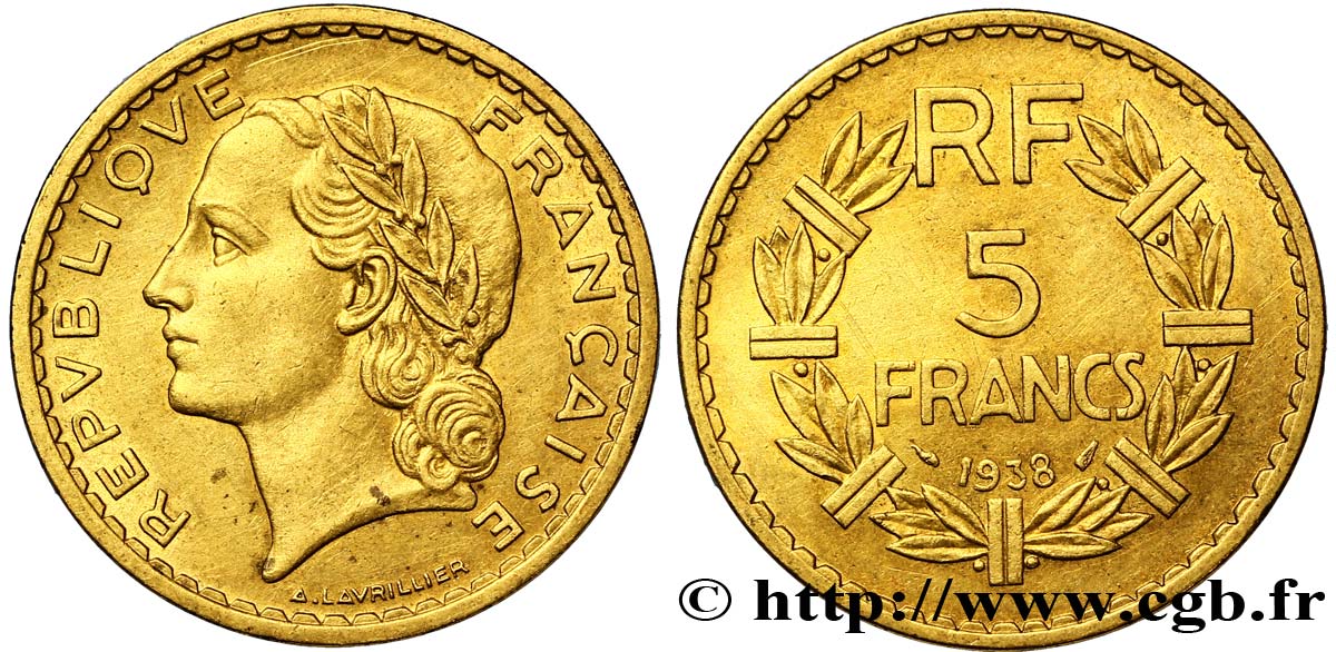 5 francs Lavrillier, bronze-aluminium 1938  F.337/1 TTB53 