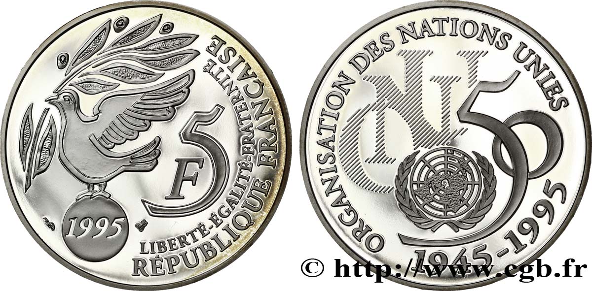Belle Épreuve 5 francs Cinquantenaire de l’ONU 1995 Paris F.345/1 var. MS65 