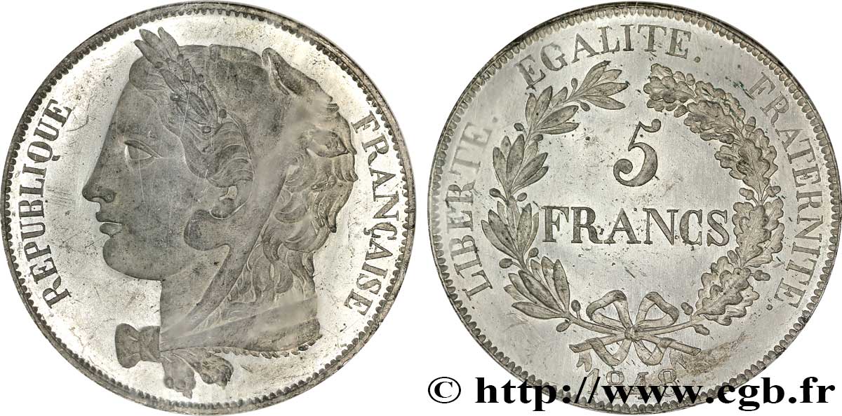 Concours de 5 francs, essai en étain attribué à Gayrard 1848 Paris VG.3075 var. MS60 