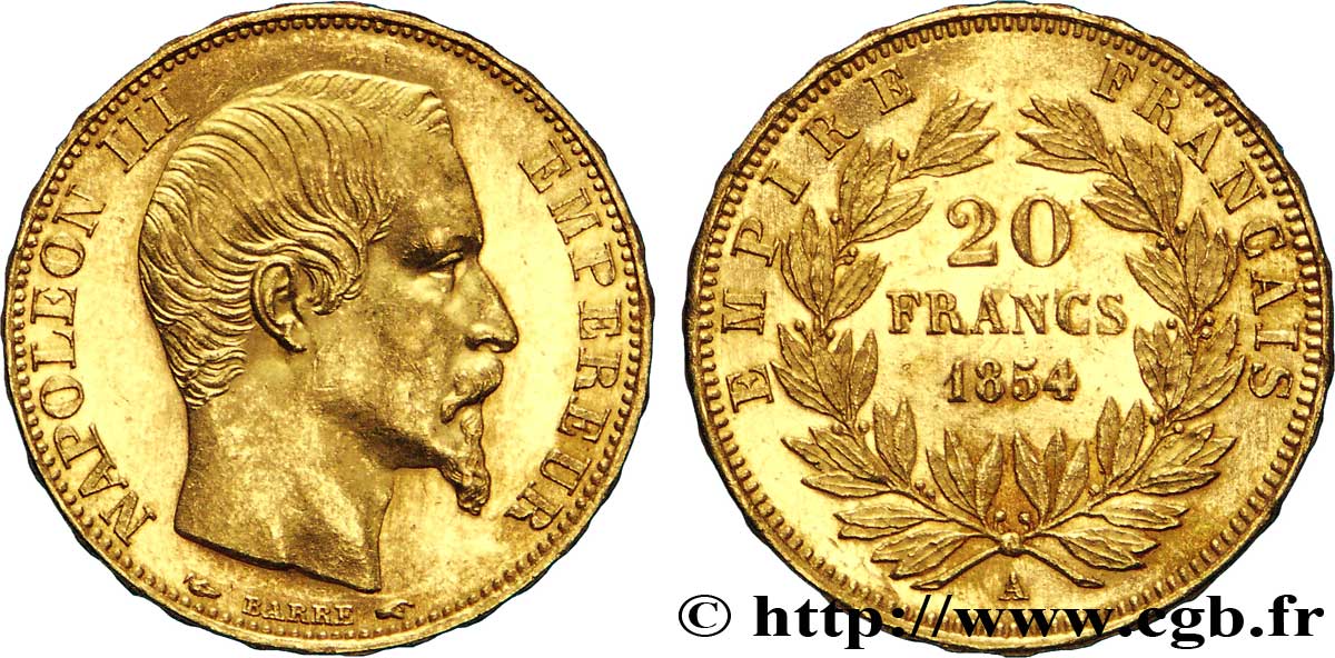 20 francs or Napoléon III, tête nue 1854 Paris F.531/2 AU58 