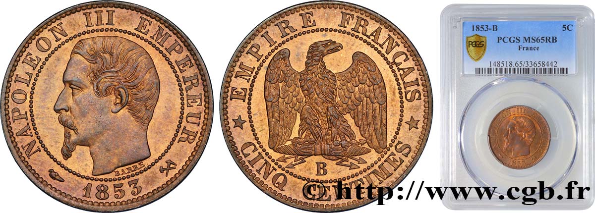 Cinq centimes Napoléon III, tête nue 1853 Rouen F.116/2 ST65 PCGS