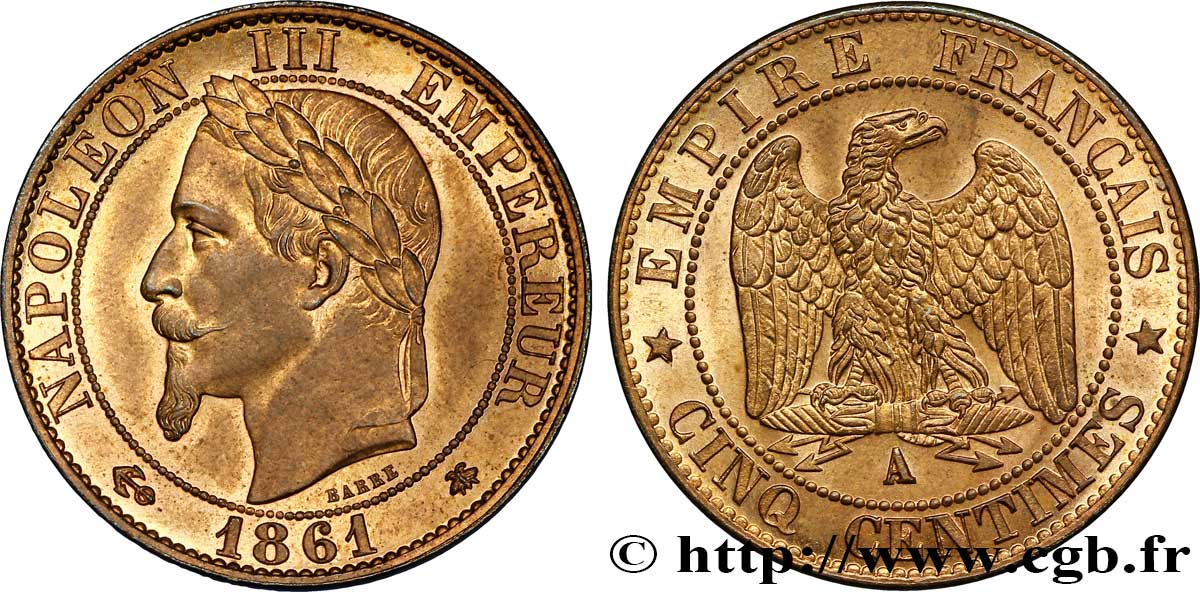 Cinq centimes Napoléon III, tête laurée 1861 Paris F.117/4 MS62 
