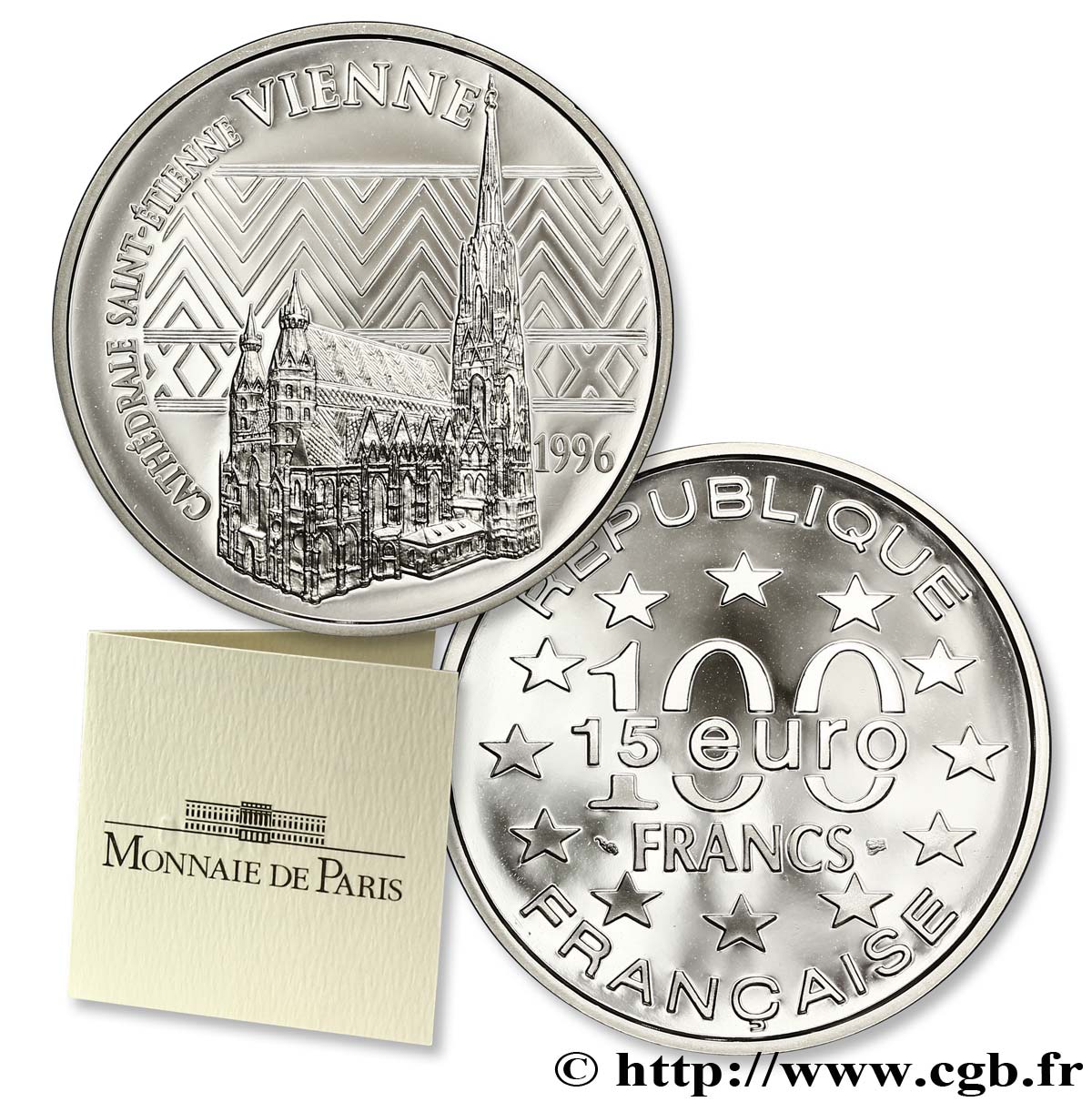 Belle Épreuve 15 euro / 100 francs - La Cathédrale Saint-Étienne (Vienne, Autriche) 1996 Paris F.2022 1 FDC70 