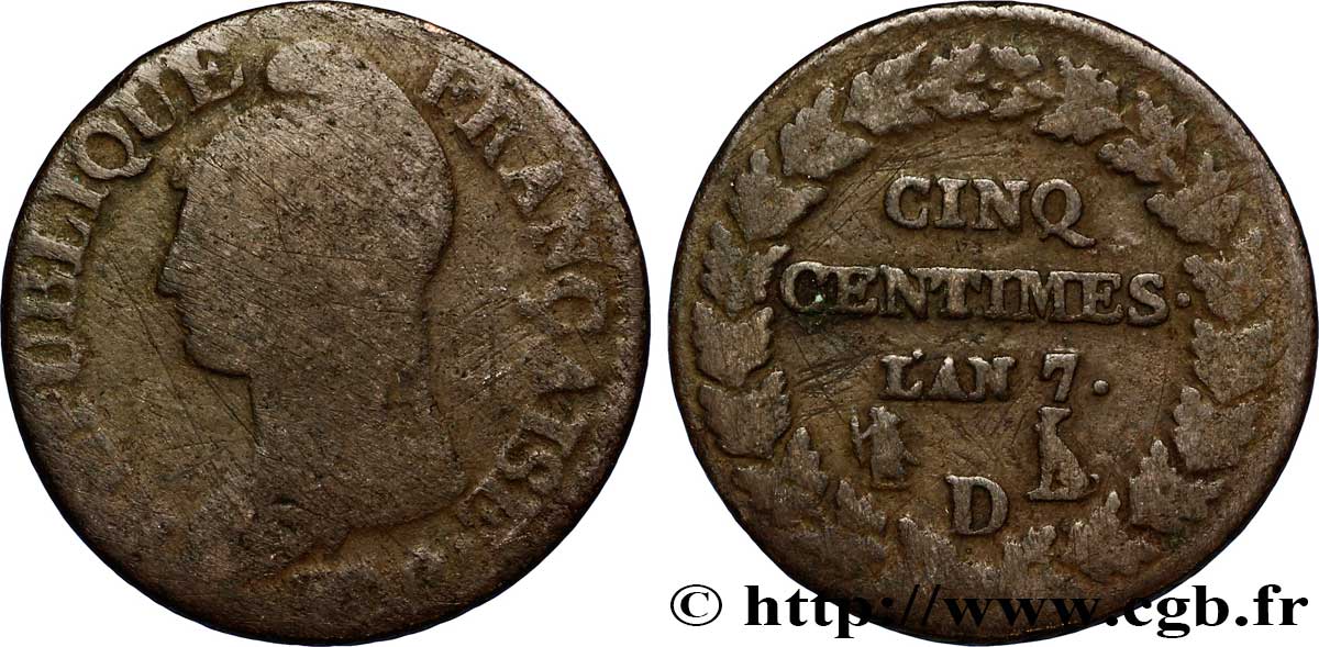 Cinq centimes Dupré, grand module 1799 Lyon F.115/68 VG10 