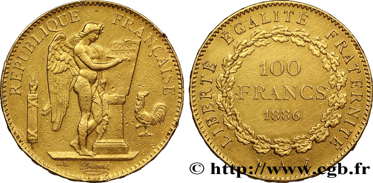 100 francs or Génie, tranche inscrite en relief Dieu protège la France 1886 Paris F.552/7 TTB40 