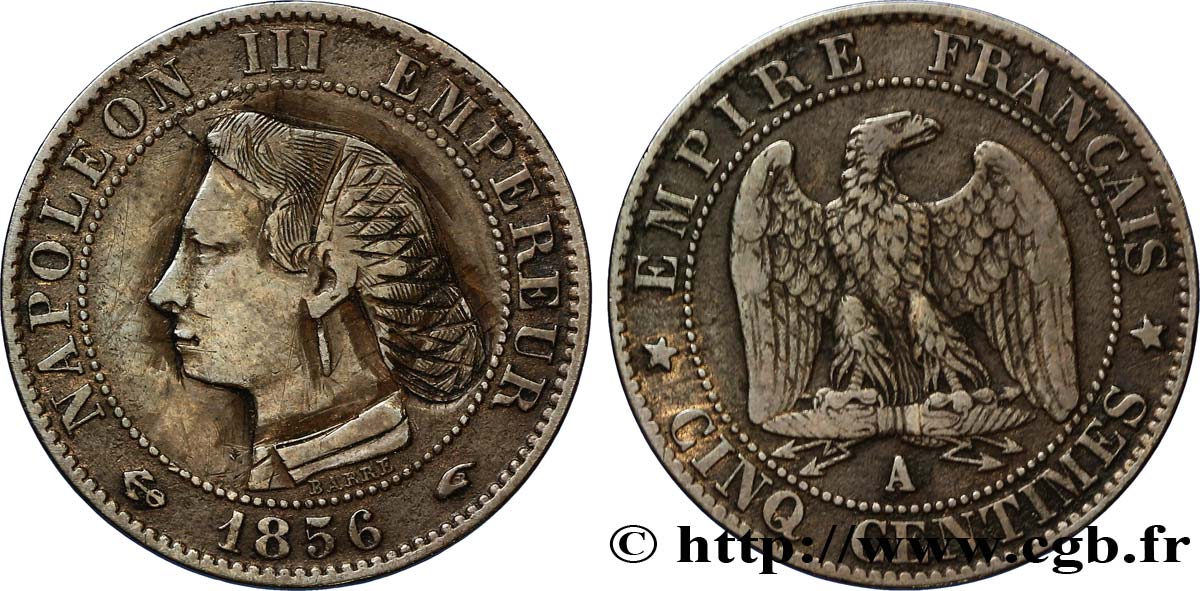 Cinq centimes Napoléon III, tête nue, saritique 1856 Paris F.116/30 var. SUP58 