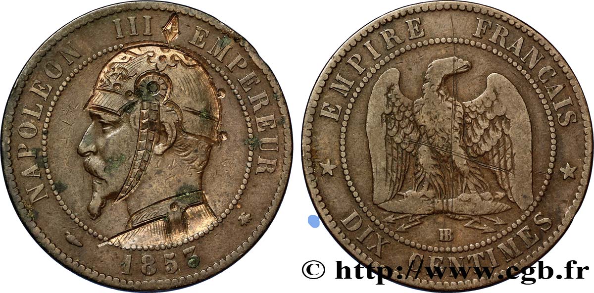 Dix centimes Napoléon III, tête nue, satirique 1853 Strasbourg F.133/4 var. TTB40 