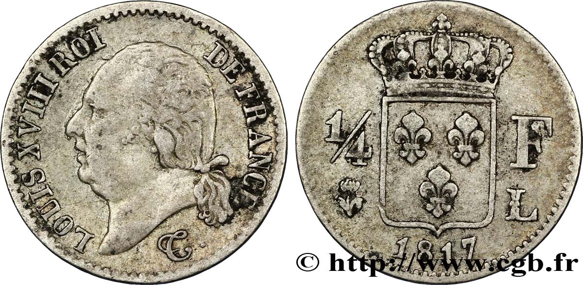 1/4 franc Louis XVIII 1817 Bayonne F.163/6 TB30 