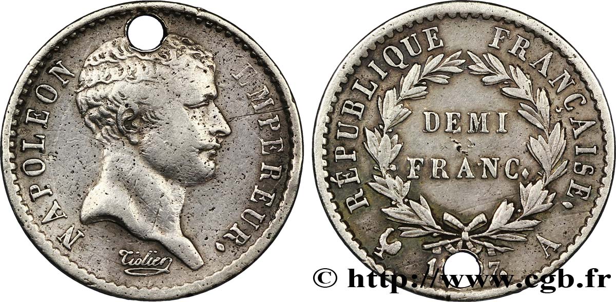 Demi-franc Napoléon Empereur, tête de nègre 1807 Paris F.176/1 VF 
