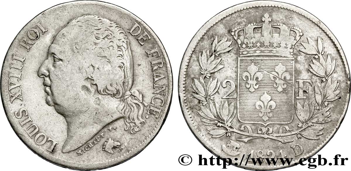 2 francs Louis XVIII 1824 Lyon F.257/53 TB20 