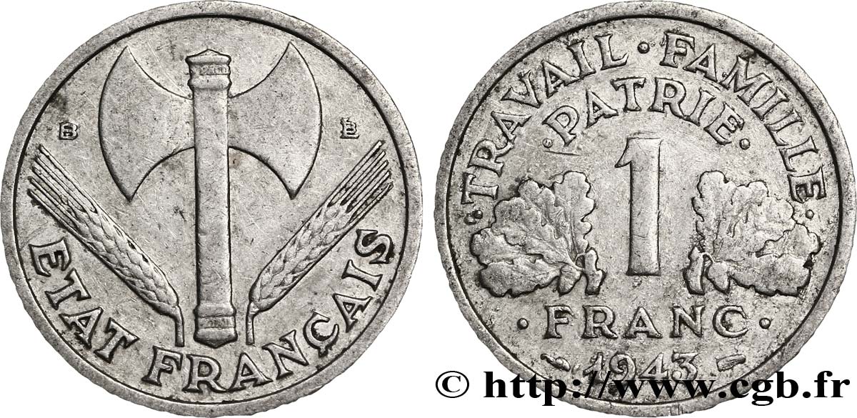 1 franc Francisque, légère 1943 Beaumont-Le-Roger F.223/4 TB25 