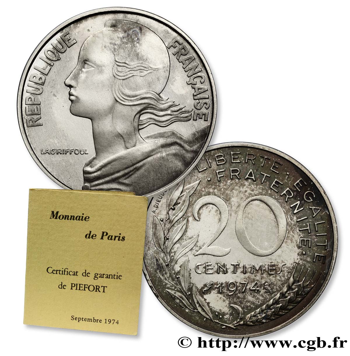 Piéfort argent de 20 centimes Marianne 1974 Pessac F.156/14P MS64 