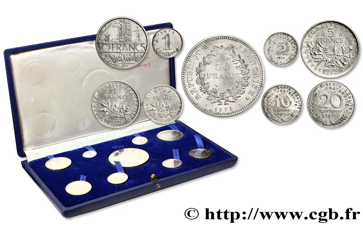 Coffret de 9 piéforts argent : 50, 10, 5, 1 et 1/2 franc et 20, 10, 5 et 1 centime 1975 Pessac G.882, 814, 770, 474, 429, 332, 293, 174 et 91 PP SPL64 