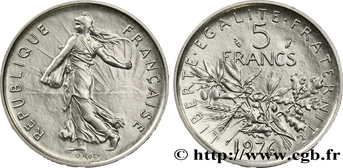 Piéfort argent de 5 francs Semeuse, nickel 1976 Pessac F.341/8P MS65 