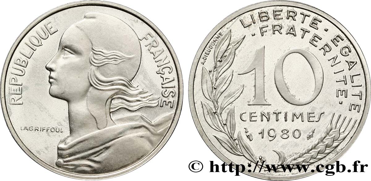 Piéfort argent de 10 centimes Marianne 1980 Pessac F.144/20P SPL63 