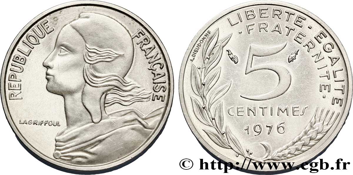 Piéfort argent de 5 centimes Marianne 1976 Paris F.125/12P SPL63 