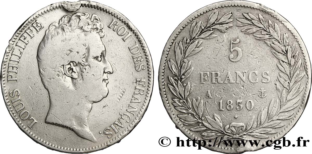 5 francs type Tiolier sans le I, tranche en relief 1830  Paris F.314/1 F15 