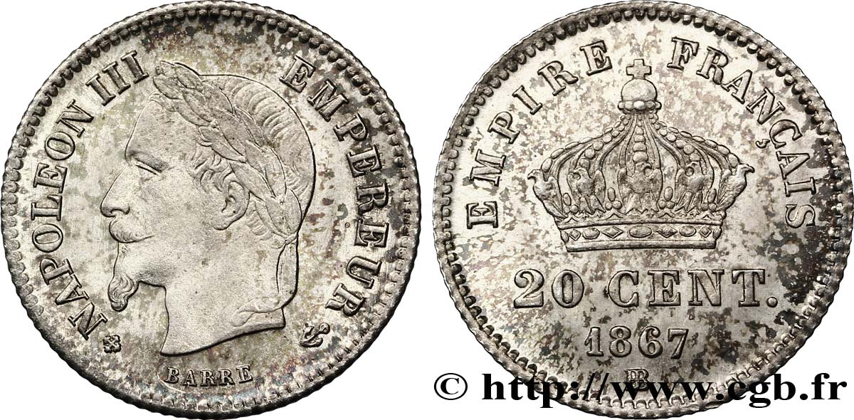 20 centimes Napoléon III, tête laurée, grand module 1867 Strasbourg F.150/2 SPL63 