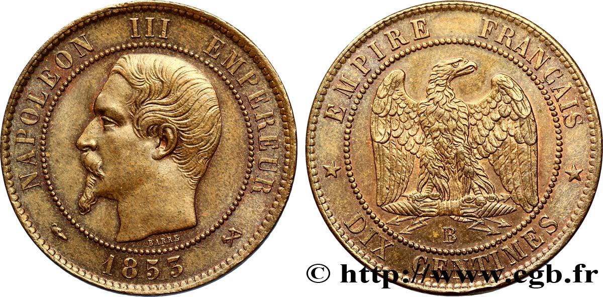Dix centimes Napoléon III, tête nue 1853 Rouen F.133/3 VZ60 