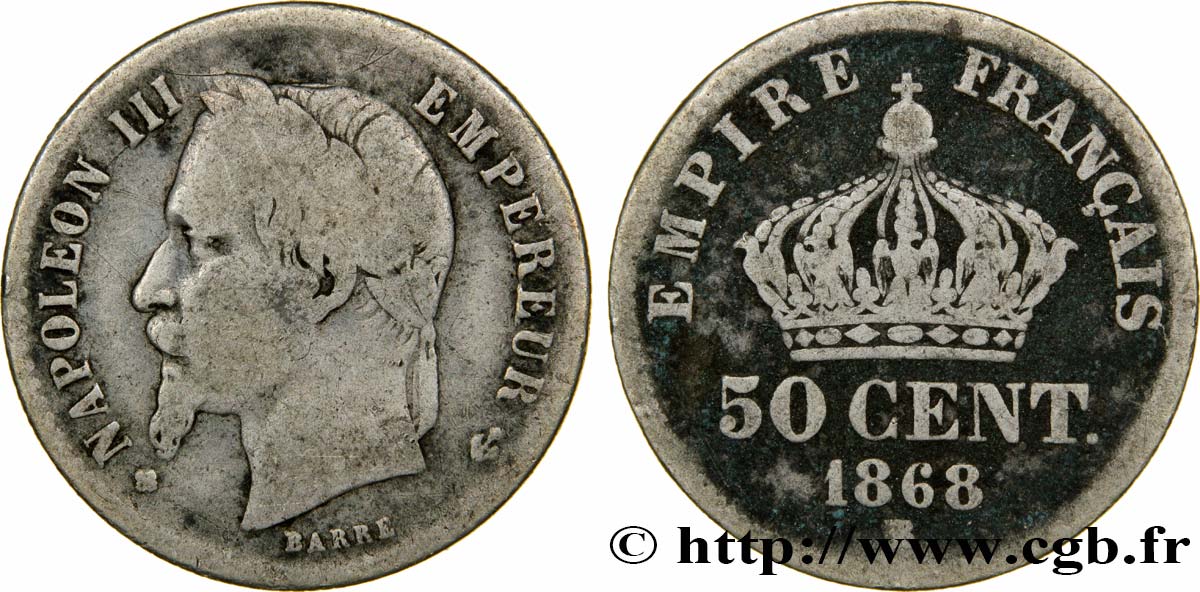 50 centimes Napoléon III, tête laurée 1868 Strasbourg F.188/21 SGE12 