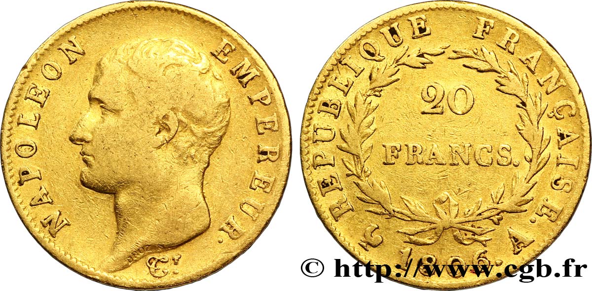 20 francs or Napoléon tête nue, Calendrier grégorien 1806 Paris F.513/1 MBC40 